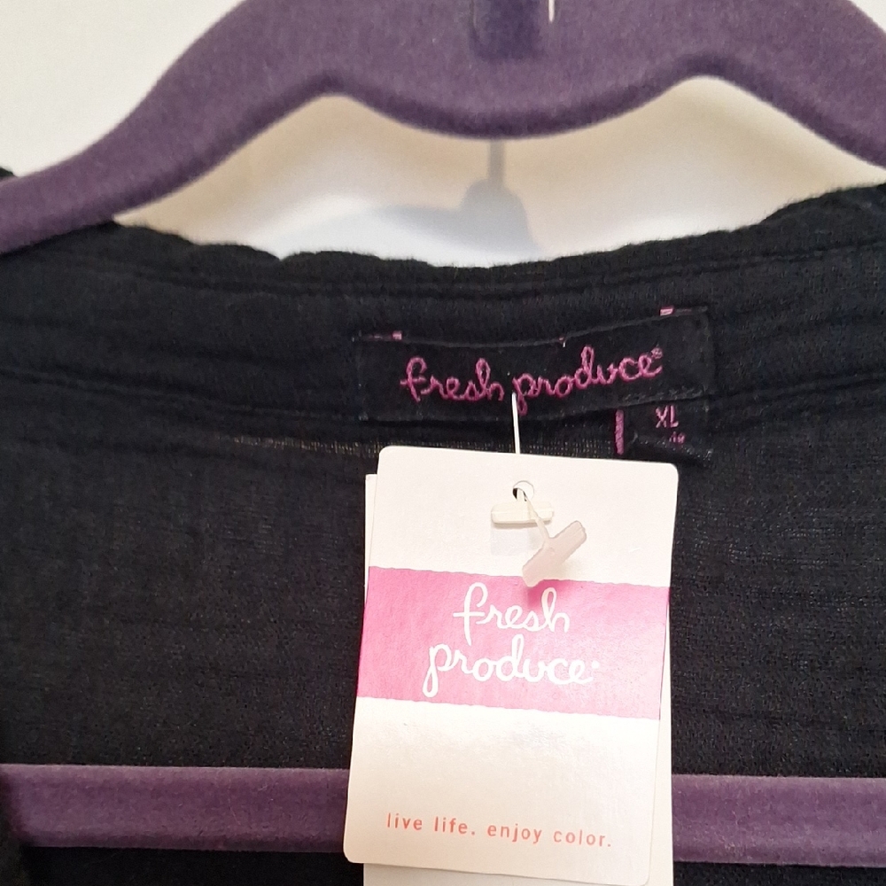 fresh produce Black Gauzy Cotton Button Up Roll Tab Sleeve Top